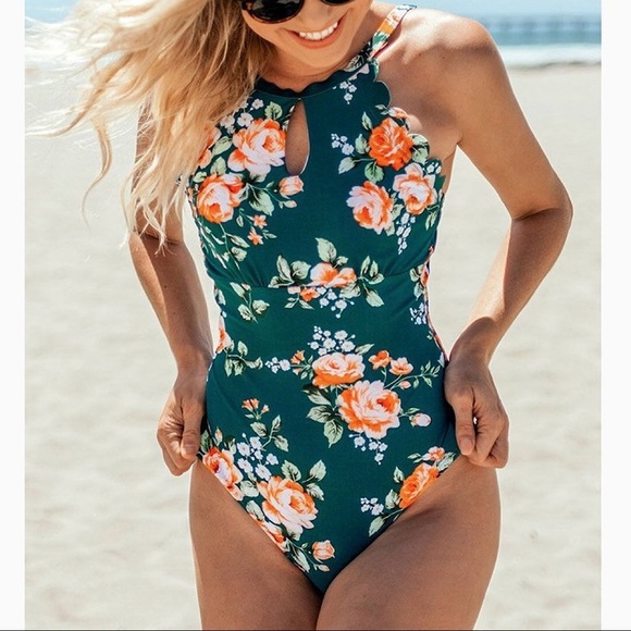 NEW Cupshe Teal Floral Scalloped One Piece Swimsuit Size XL - Picture 1 of 7
